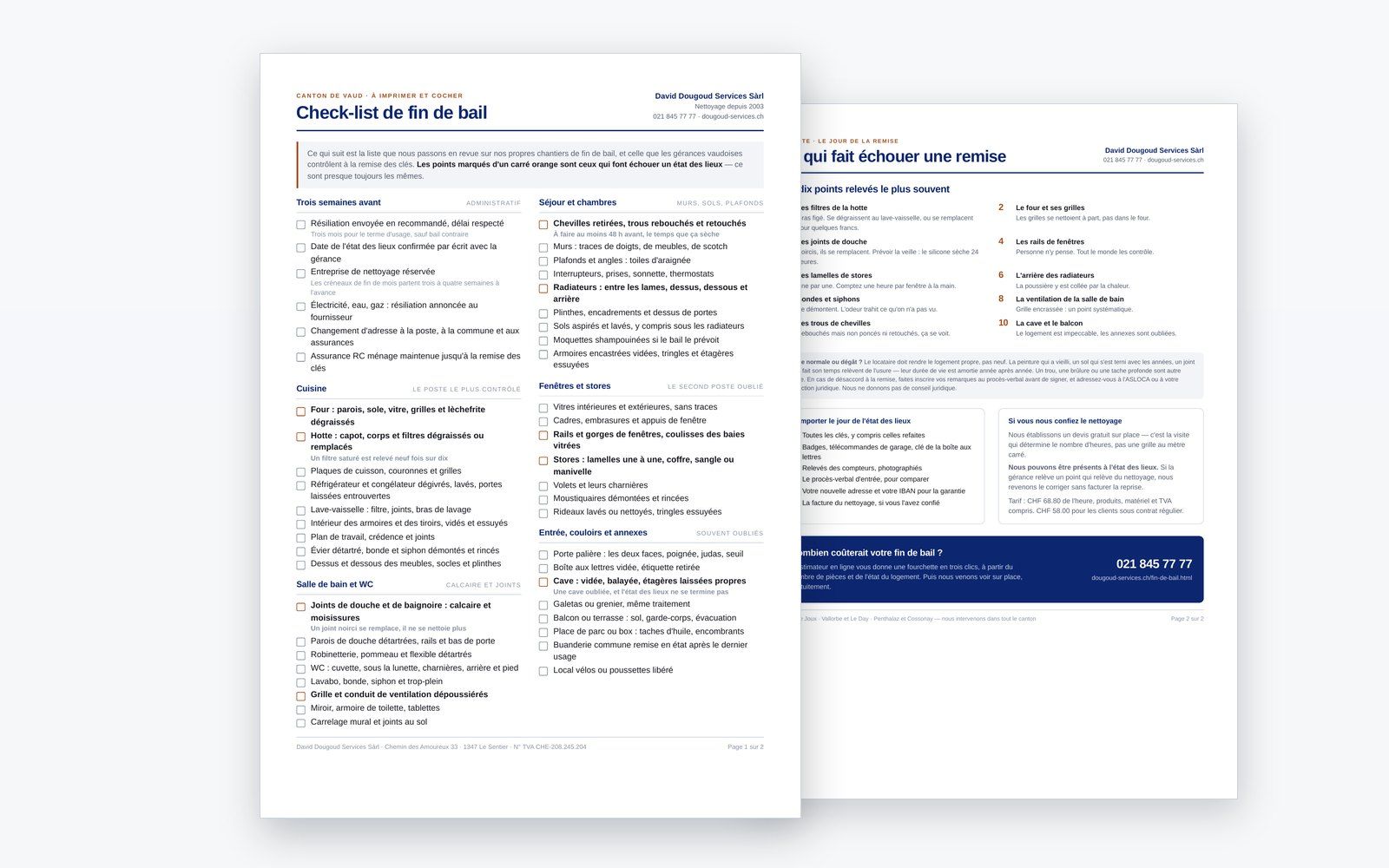 Aperçu des deux pages de la check-list de fin de bail de David Dougoud Services